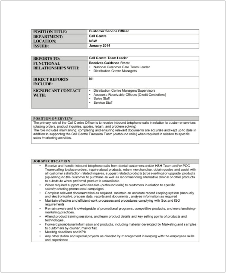 Inbound Call Centre Job Description Resume