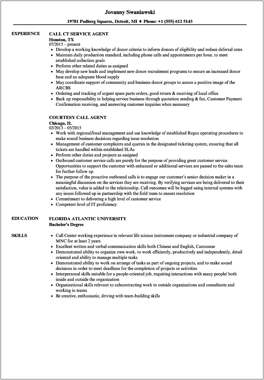 Independent Call Agent Resume Skills
