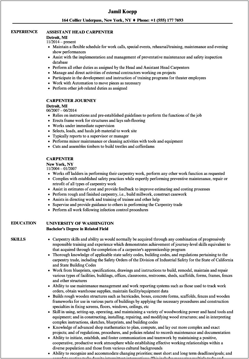 Independent Carpentry Contractor Resume Sample