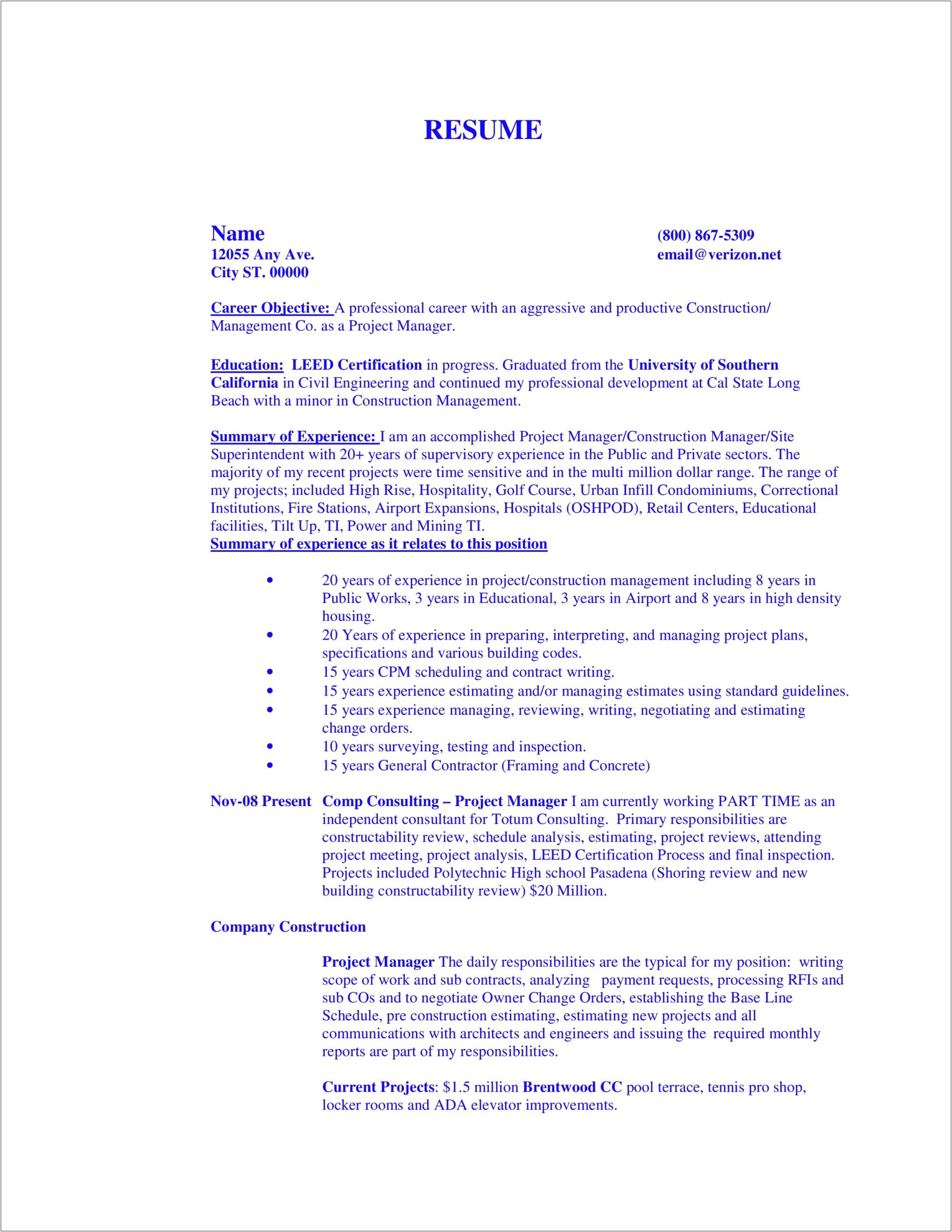Independent Civil Engineer Sample Resume