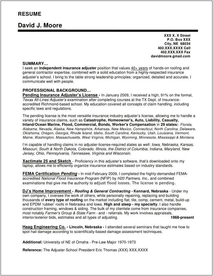 Independent Insurance Adjuster Resume Example