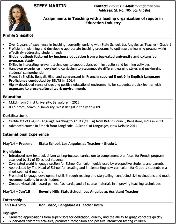 India Teacher Experience Resume Sample Download