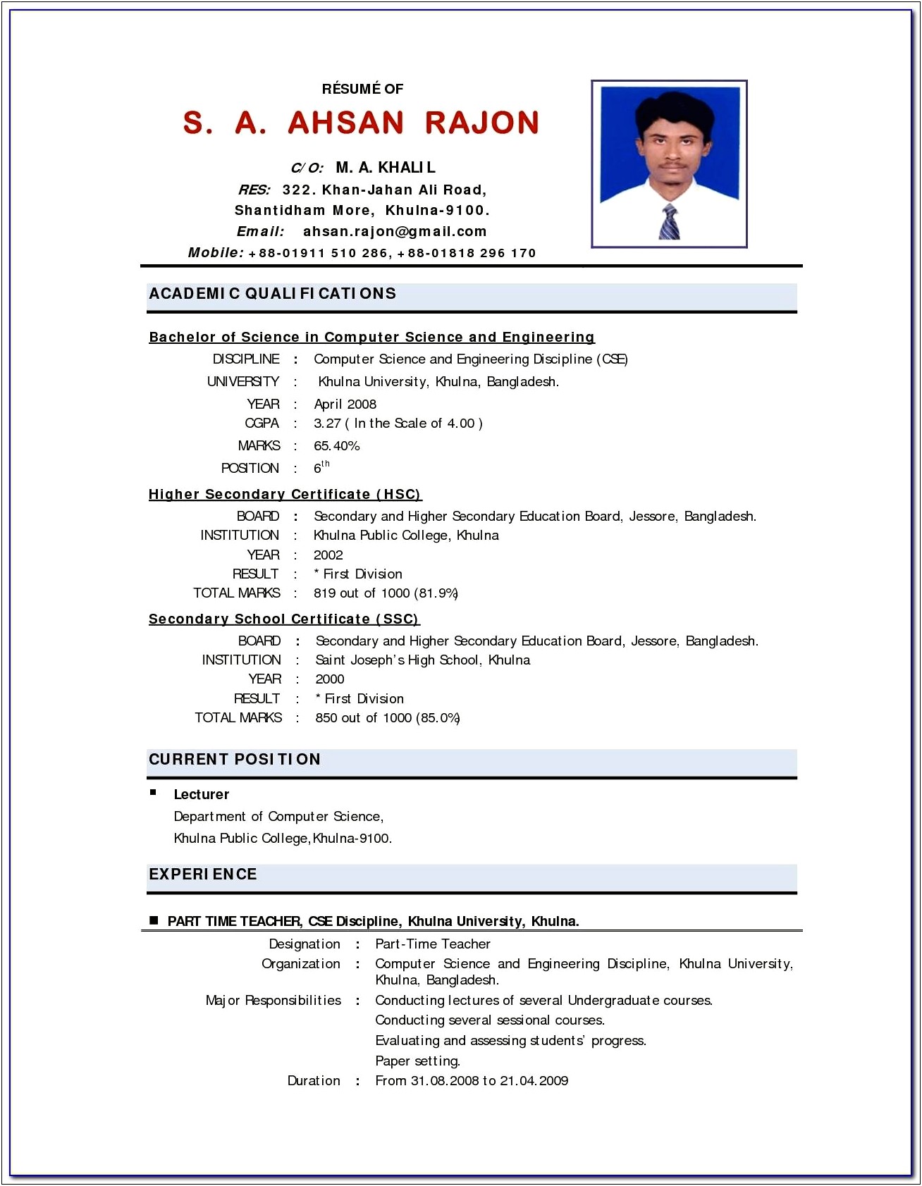 Indian College Student Resume Samples