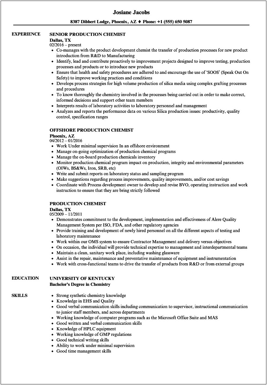 Indian Production Chemist Experience Resume Format