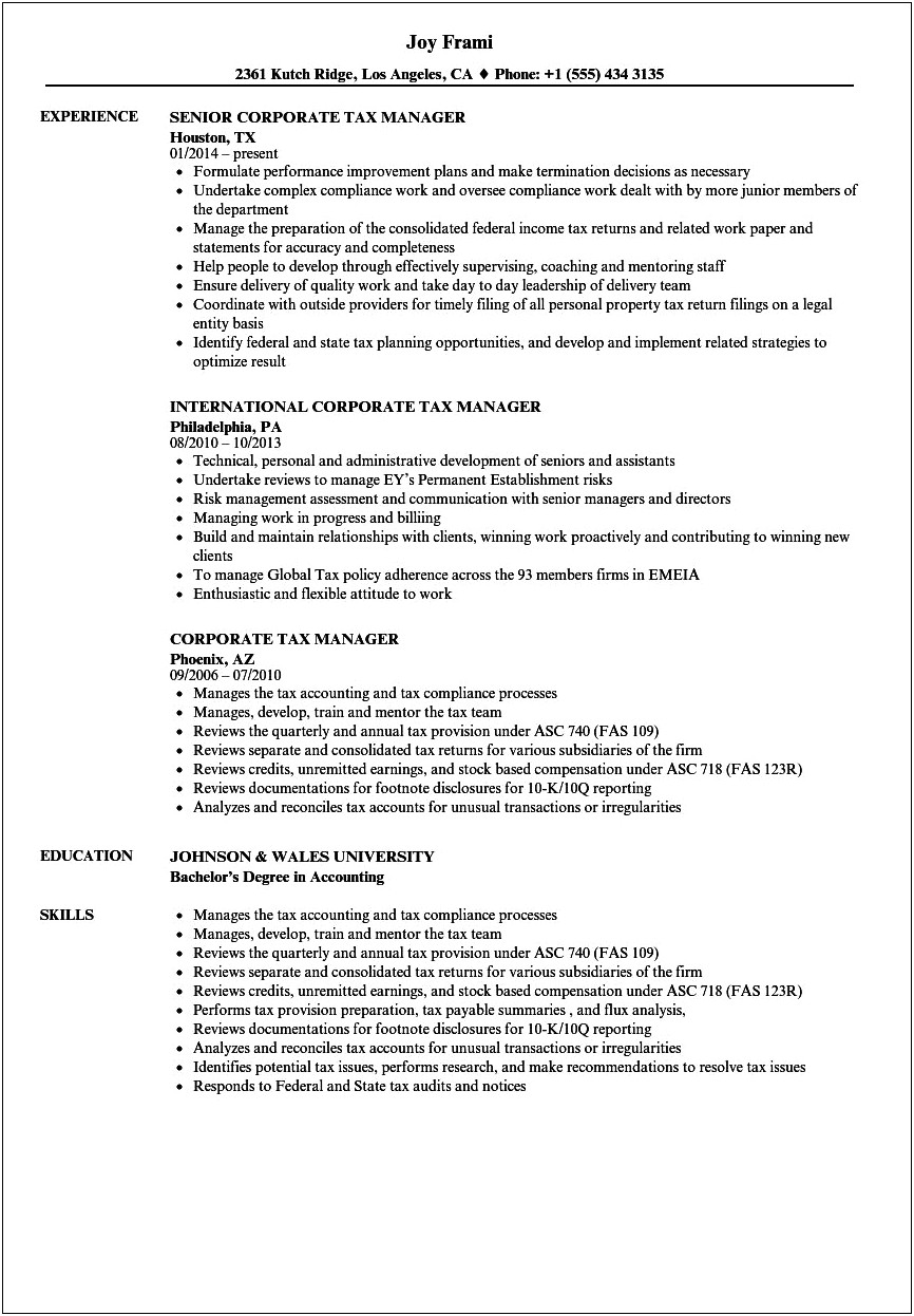 Indirect Tax Manager Resume Format
