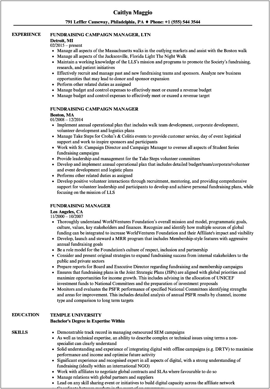 Individual Giving Manager Non Profit Resume