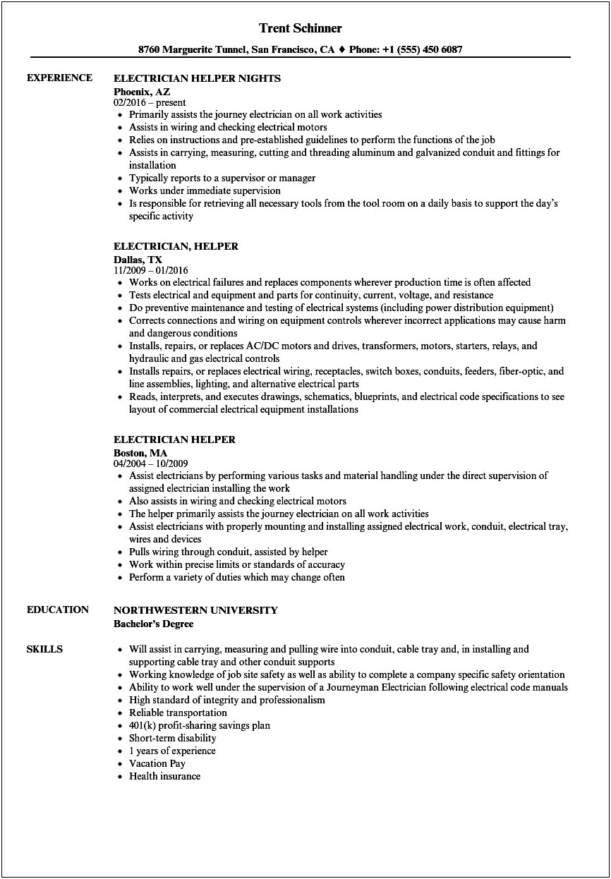 Industrial Electrician Job Description Resume
