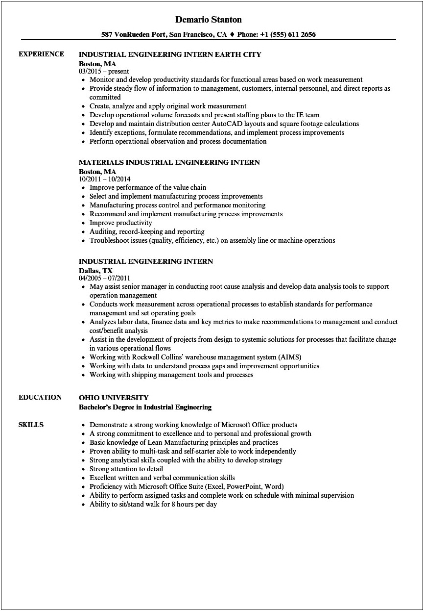 Industrial Engineer Objectives In Resume