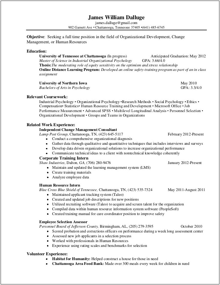 Industrial Organizational Psychology Resume Examples