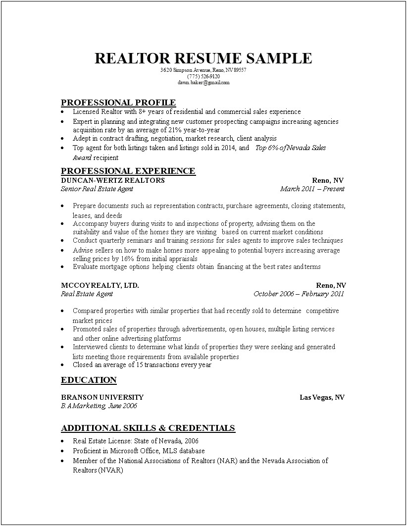 Inexperienced Real Estate Agent Resume Example