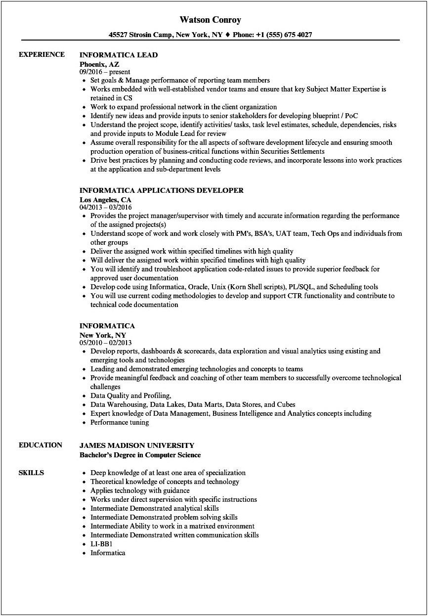 Informatica Resume For 10 Years Experience Dice