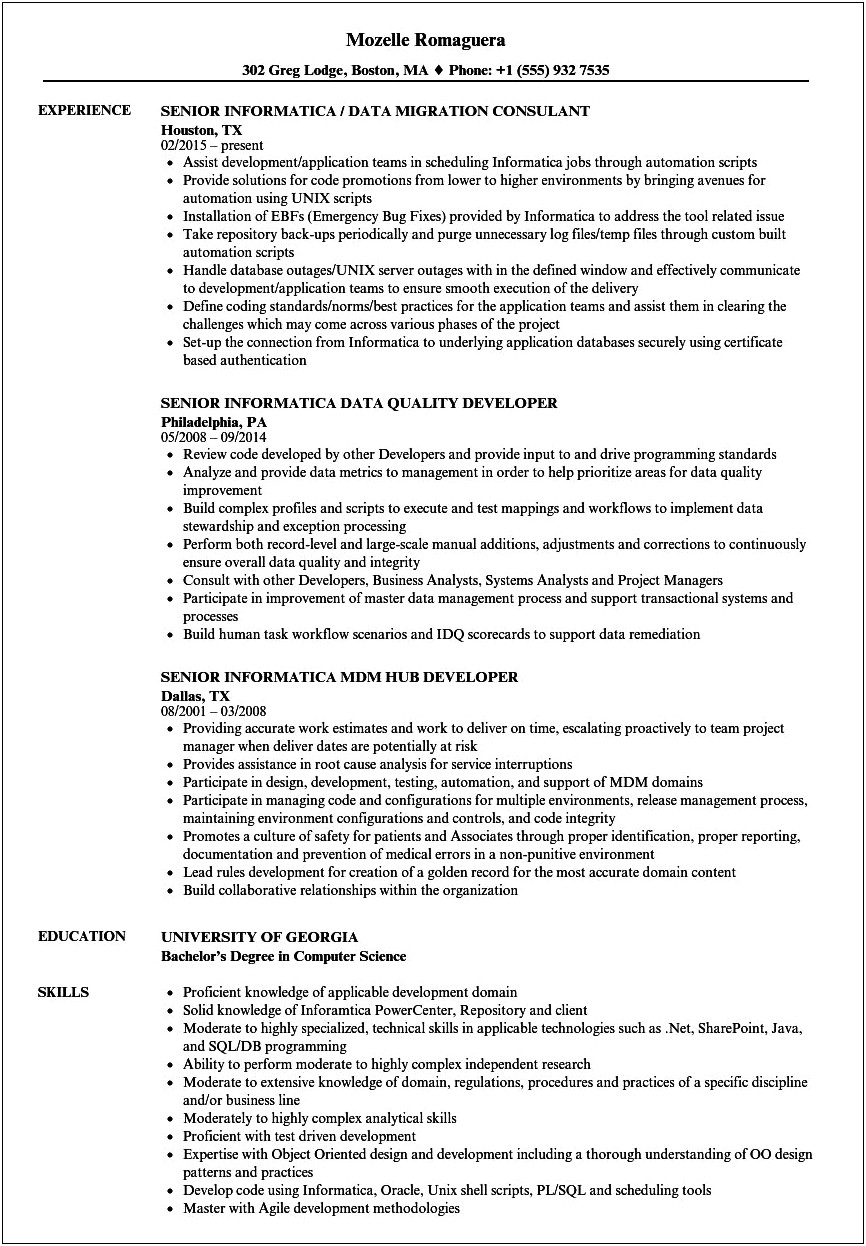 Informatica Resume For 8 Years Experience