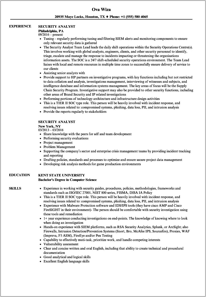 Information Security Analyst Job Description Resume
