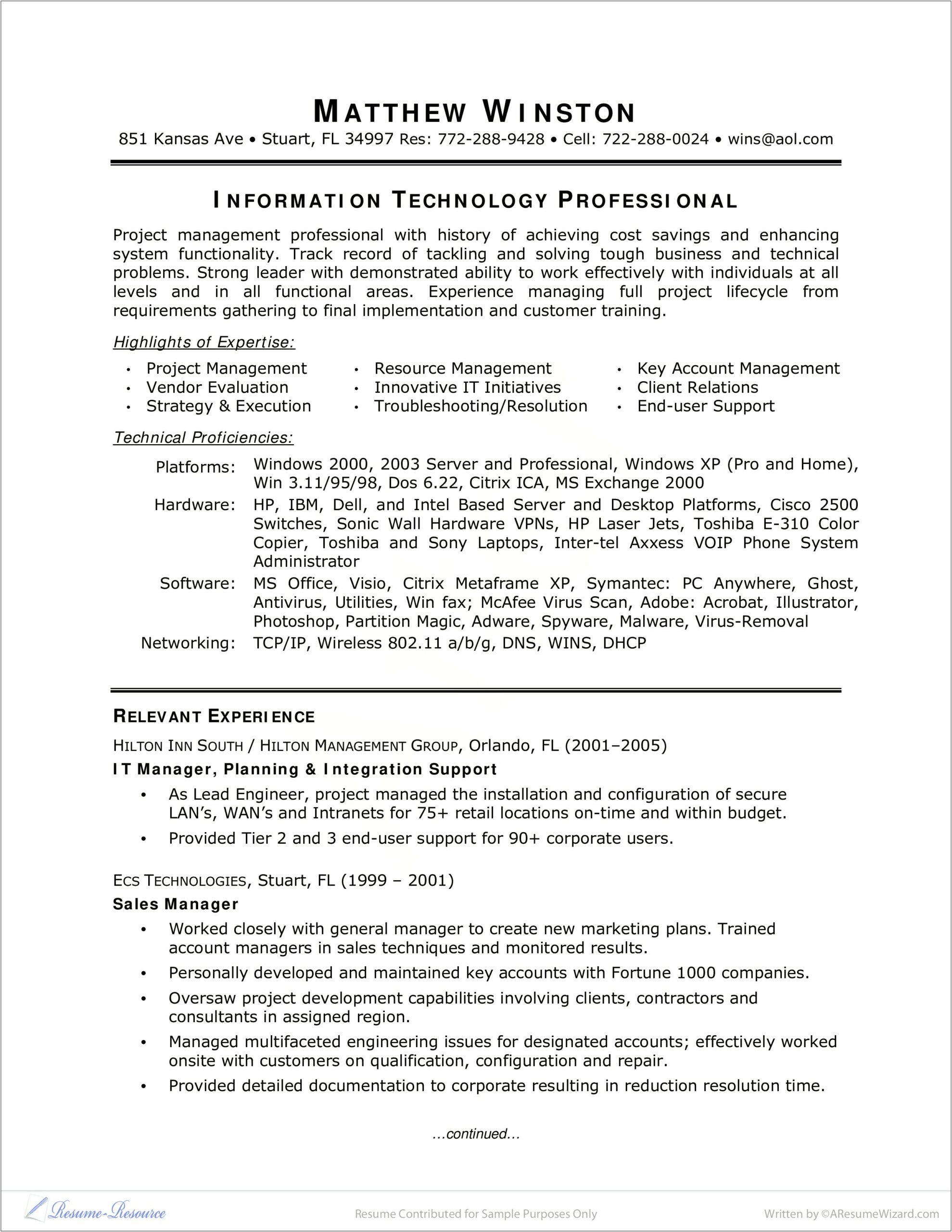 Information Technology Management Resume Examples