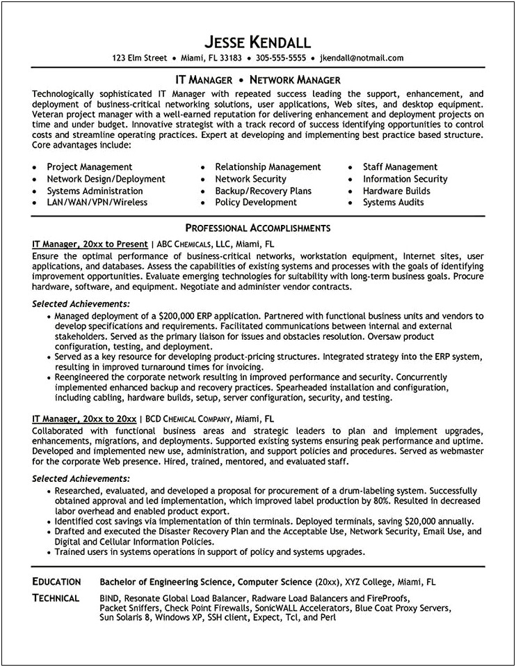 Information Technology Manager Resume Doc