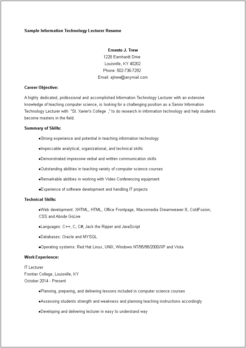 Information Technology Objective For Resume