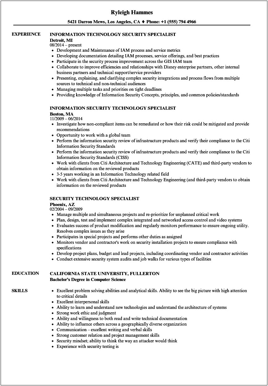 Information Technology Specialist Job Description Resume