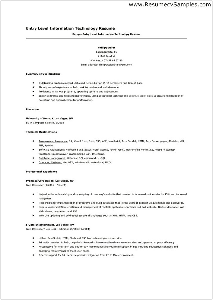 Information Technology Summary Of Qualifications Resume