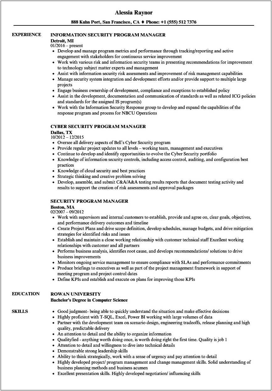 Infosec Project Manager Resume Sample
