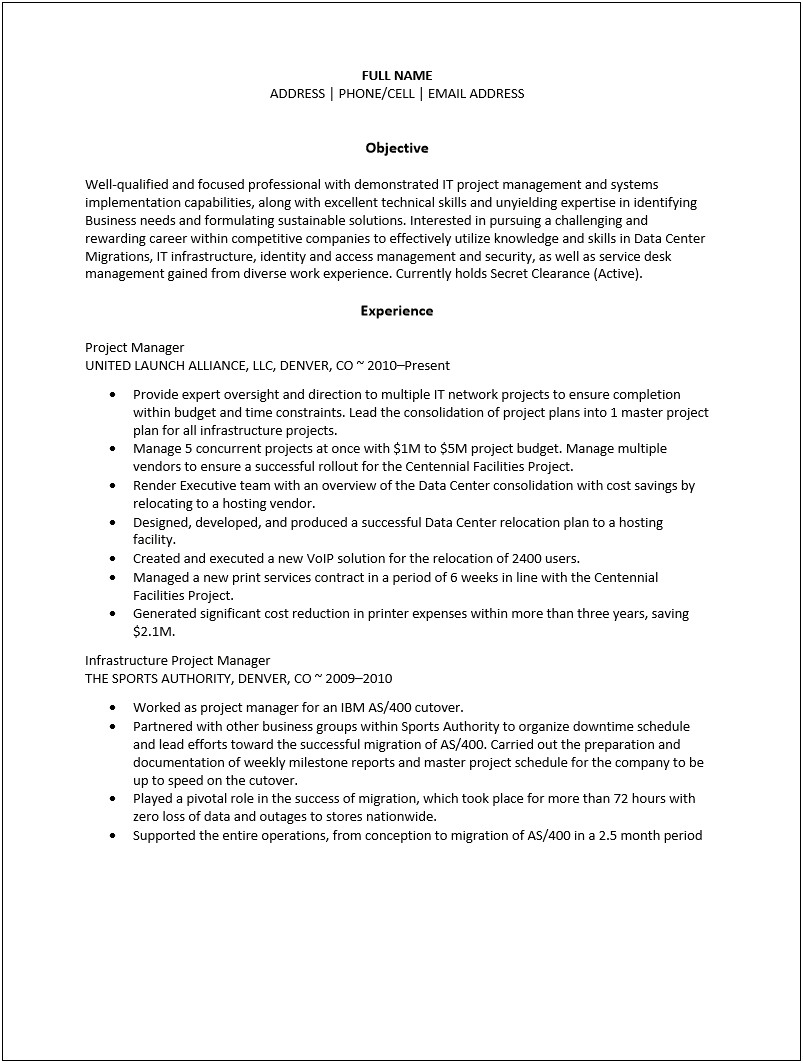 Infrastructure Project Manager Resume Sample