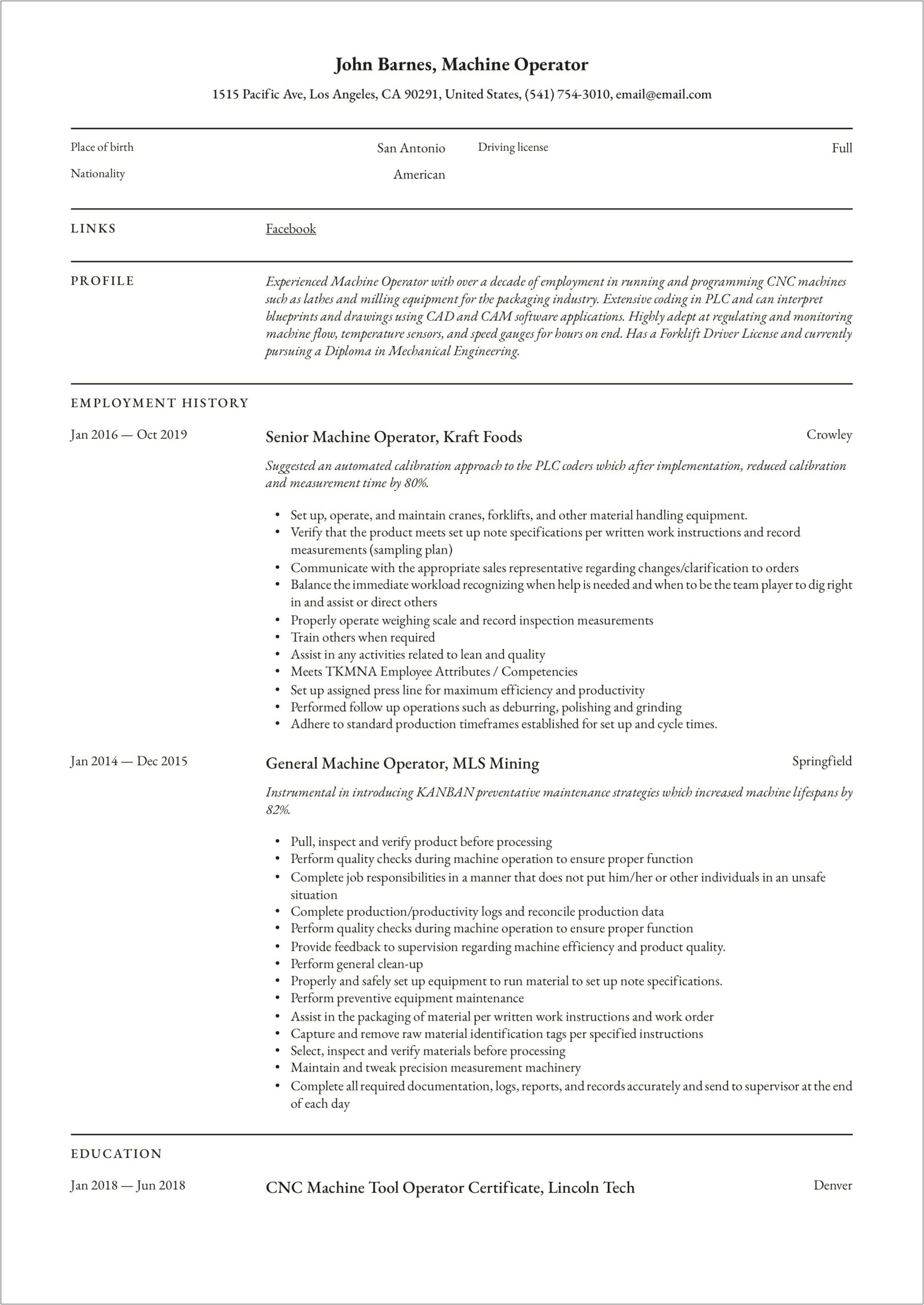 Injection Blow Molding Machine Maintenance Tech Resume Examples
