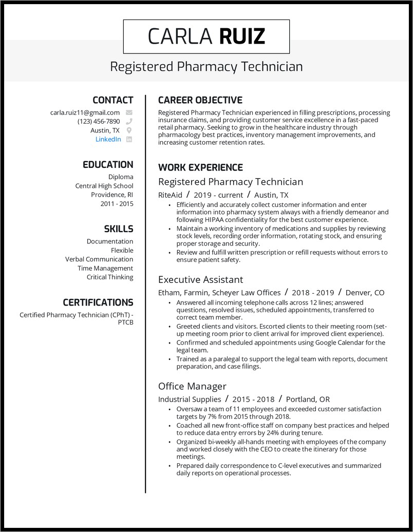 Inpatient Pharmacy Technician Resume Objective