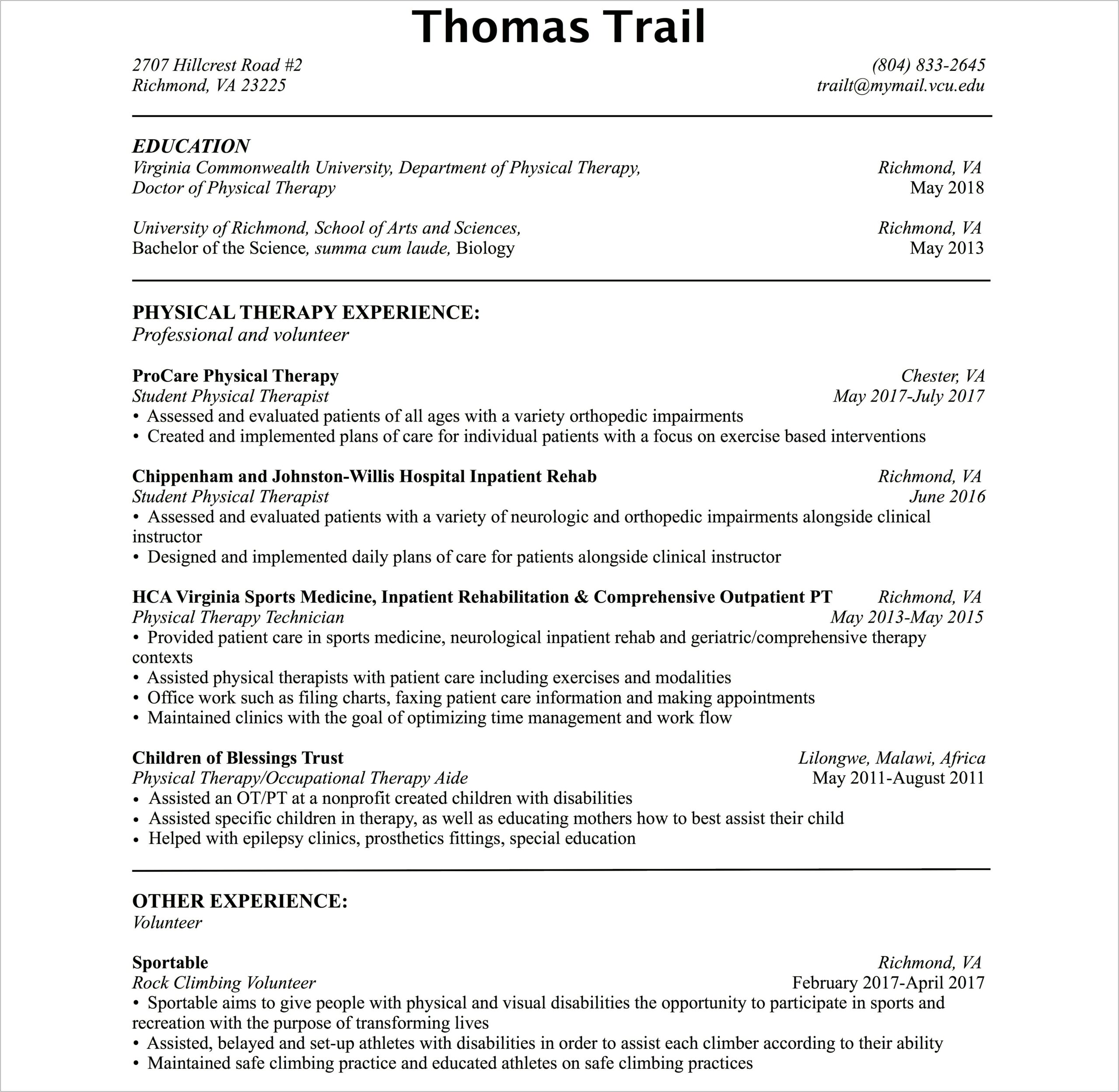 Inpatient Rehab Physical Therapy Description For Resume