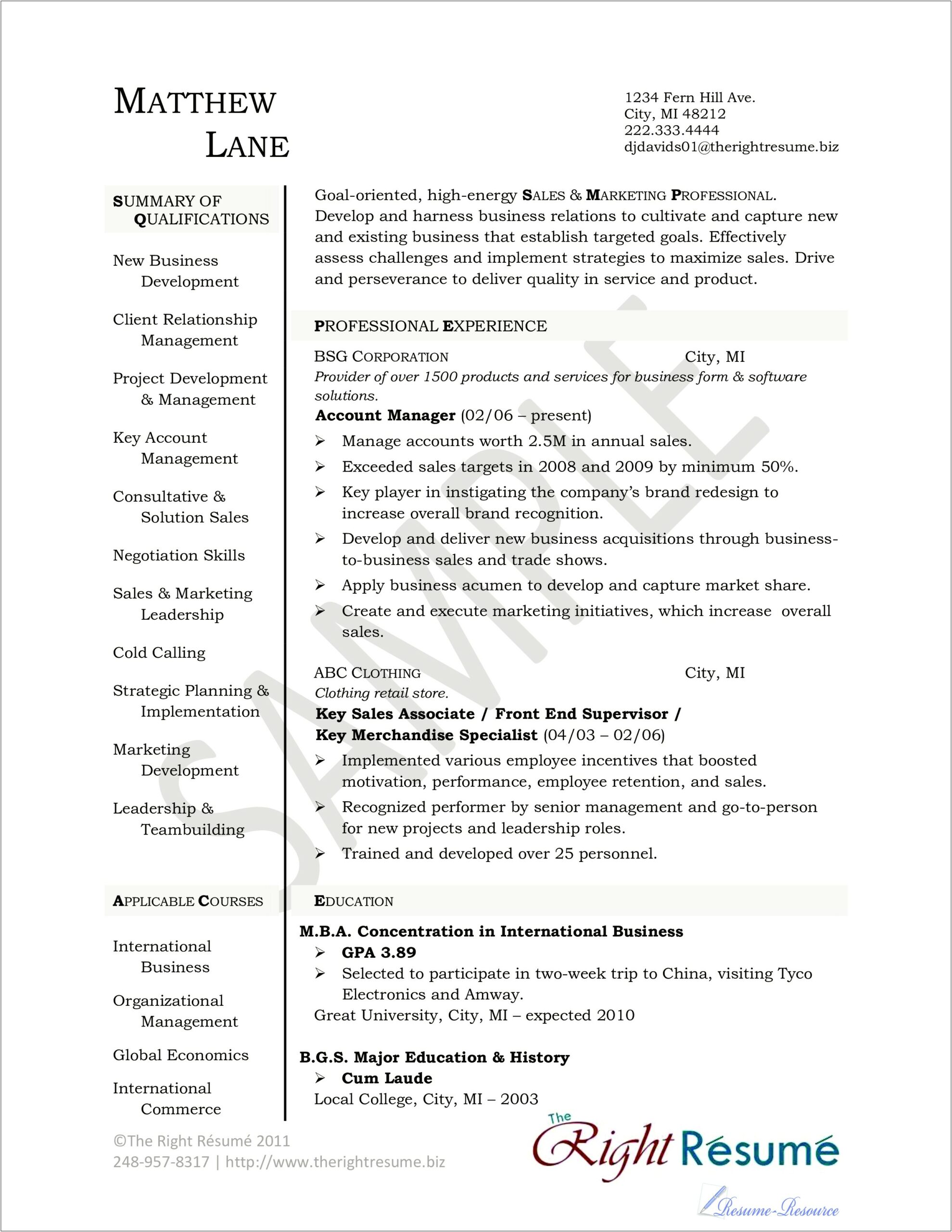 Inside Sales Account Manager Resume Example