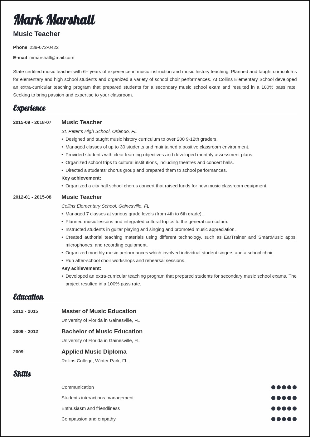 Instructor Music Job Description Resume