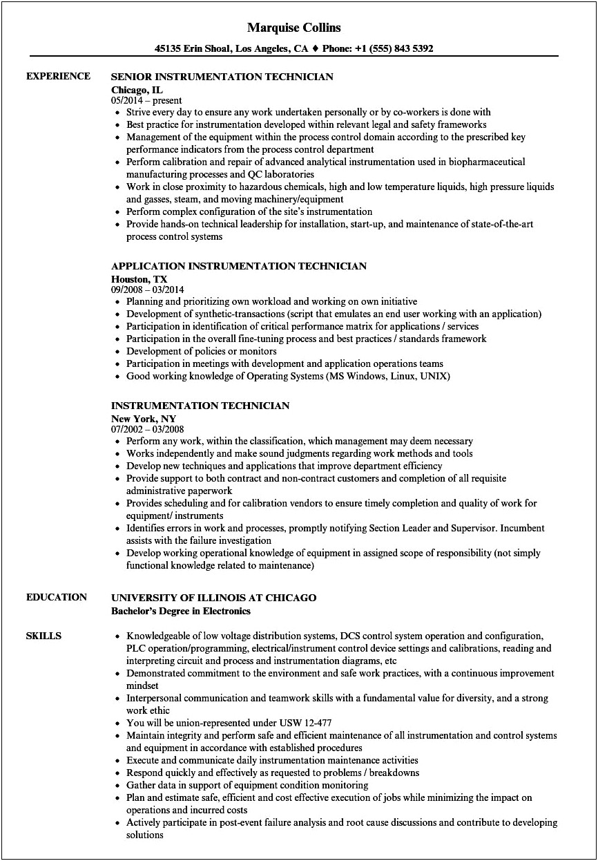 Instrument Commissioning Technician Resume Sample
