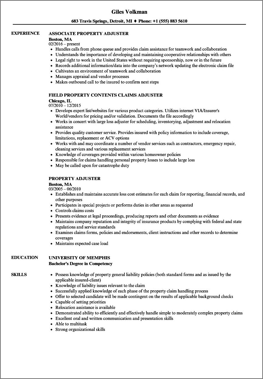 Insurance Adjuster Resume Objective Examples