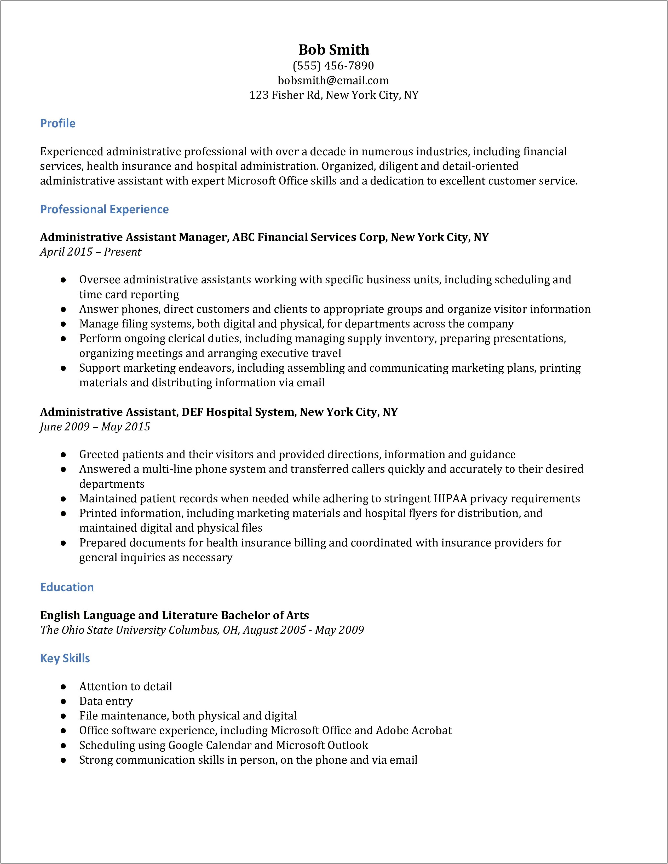 Insurance Administrative Assistant Resume Examples