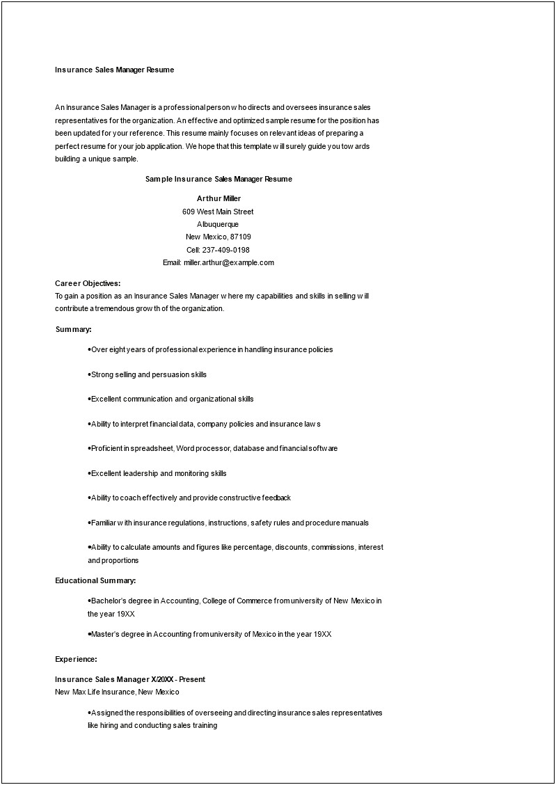 Insurance Agent Resume Objective Examples