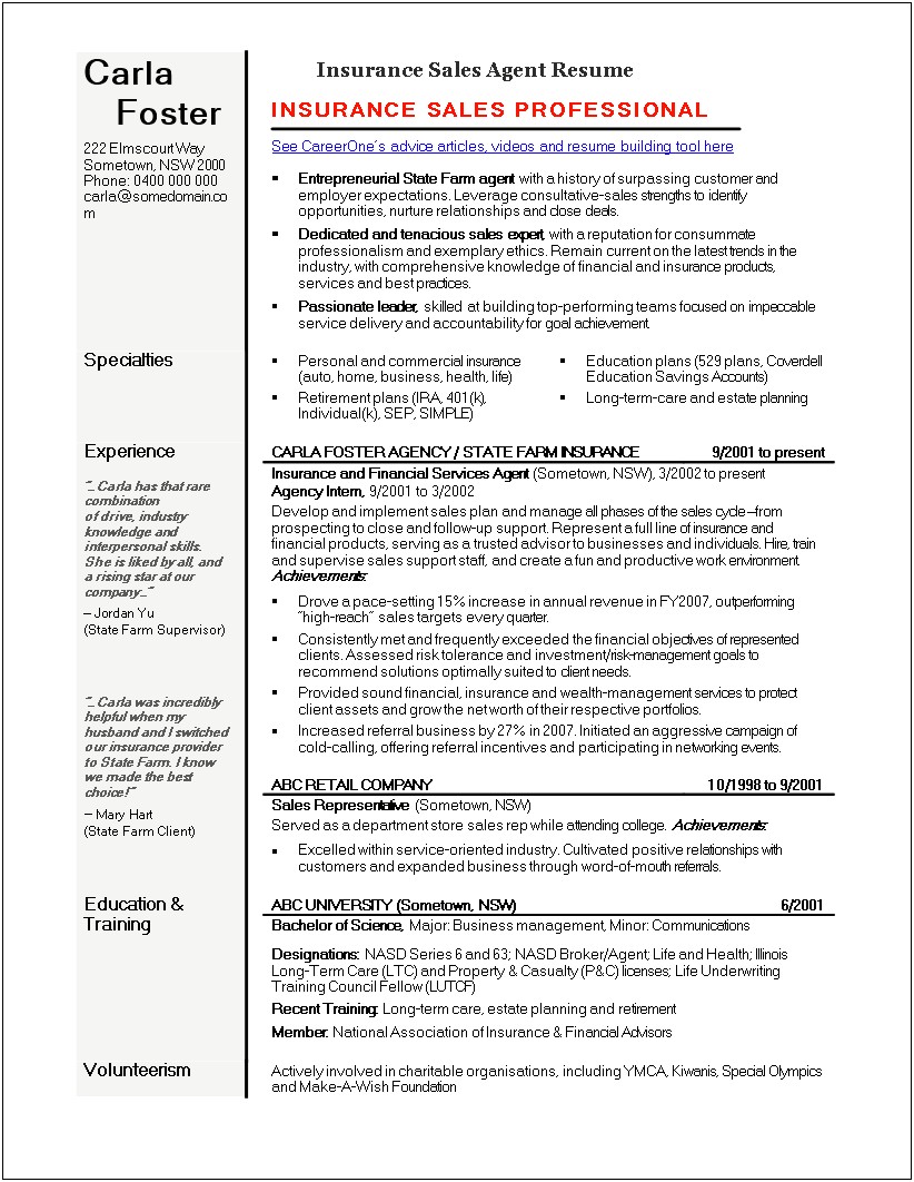 Insurance Agent Resume Sample Resume Companionresume Companion