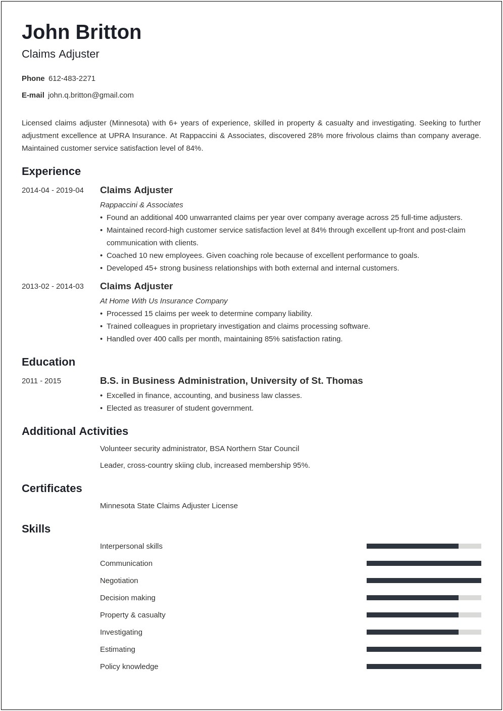 Insurance Claims Consultant Resume Sample