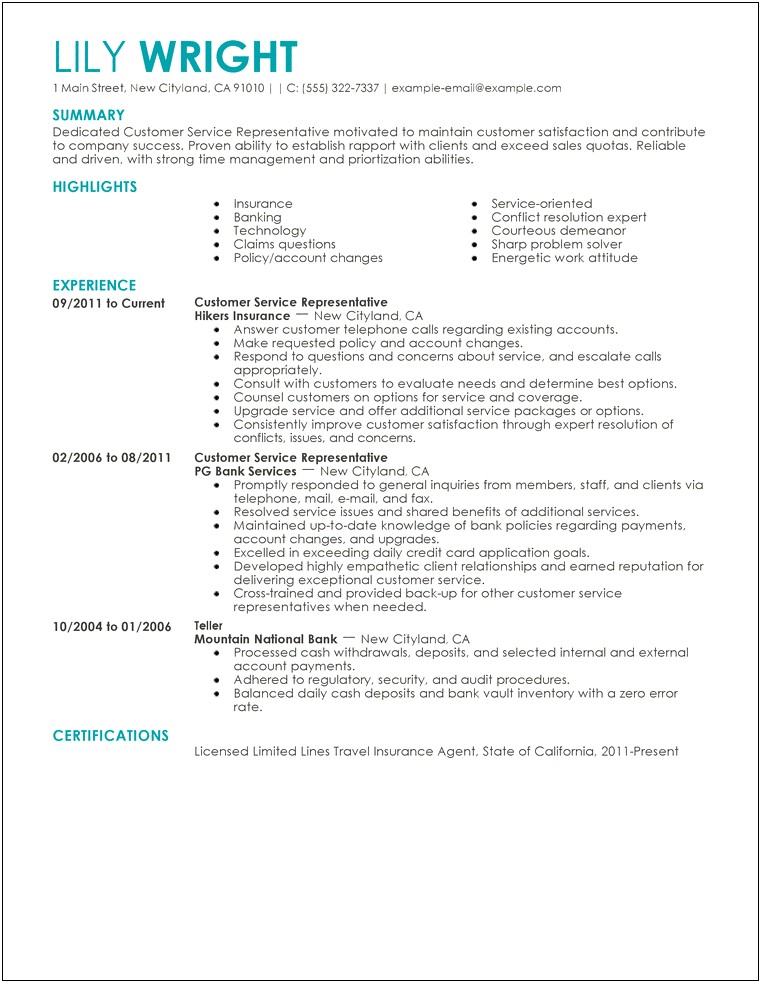 Insurance Job About Me Resume Samples