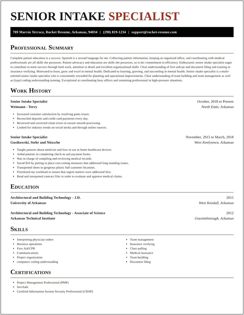 Intake Specialist Manager Resume Samples