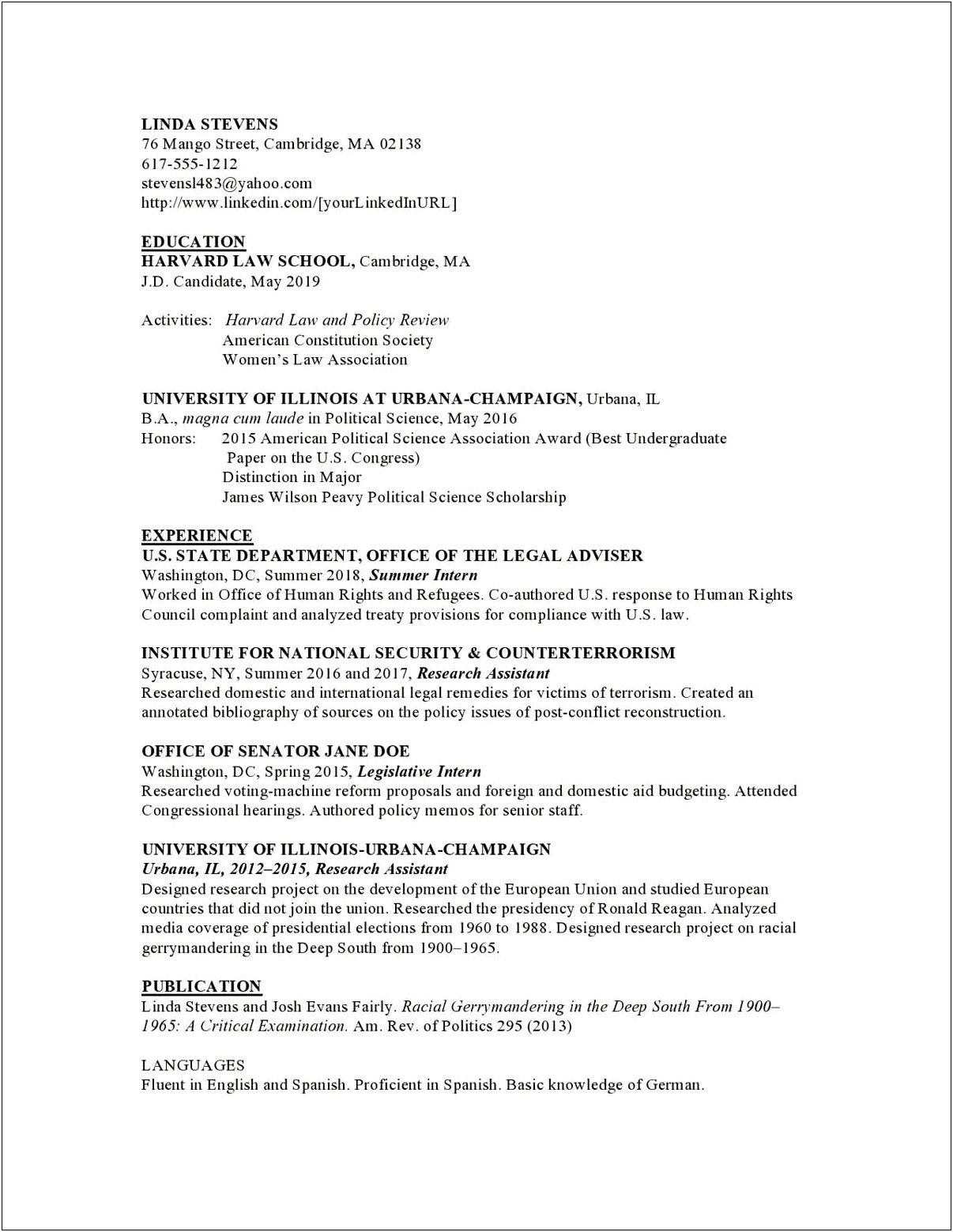 Intern Experience From A Senator's Office Resume