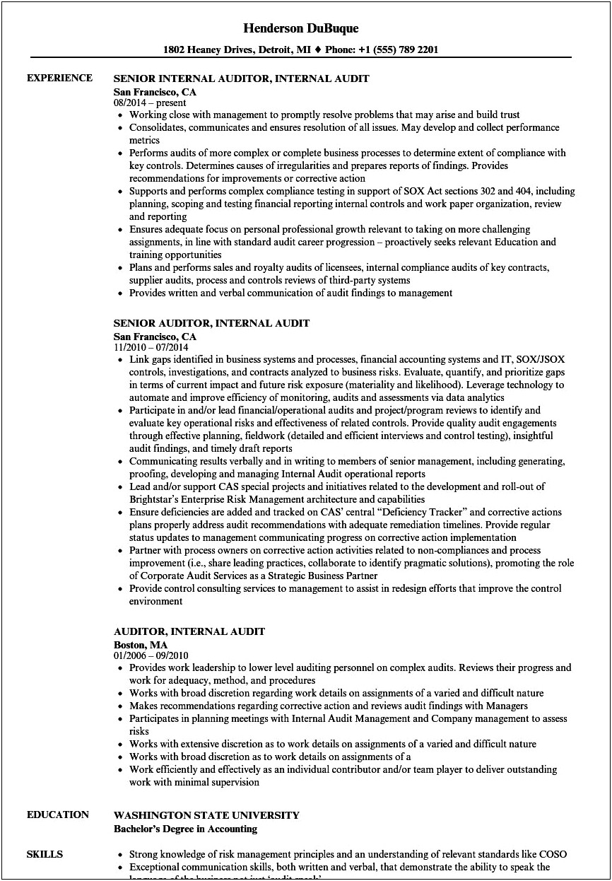 Internal Audit Job Description Resume