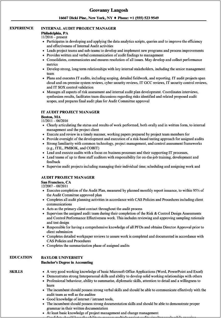 Internal Audit Manager Resume Examples