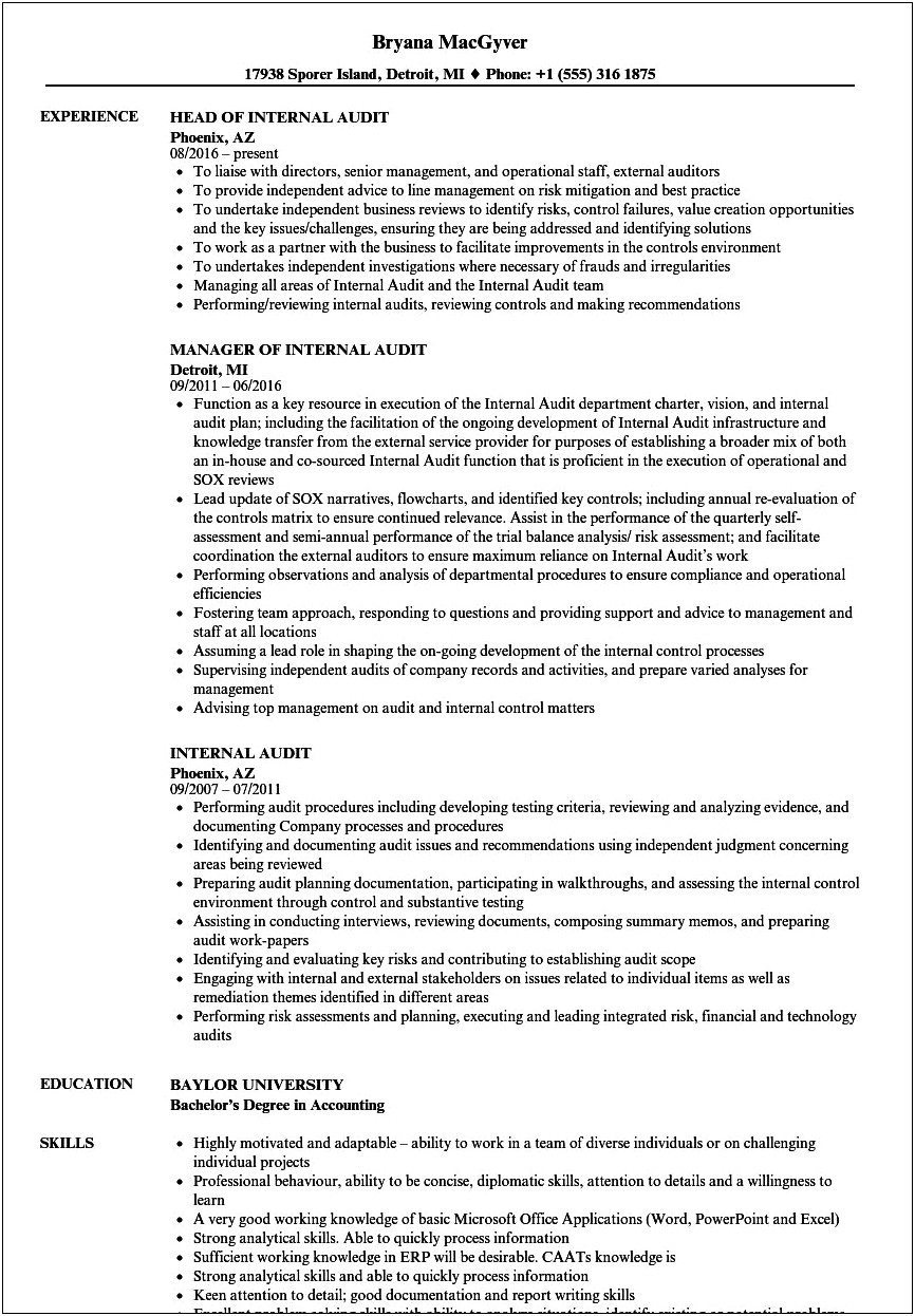 Internal Auditor Resume Objective Example