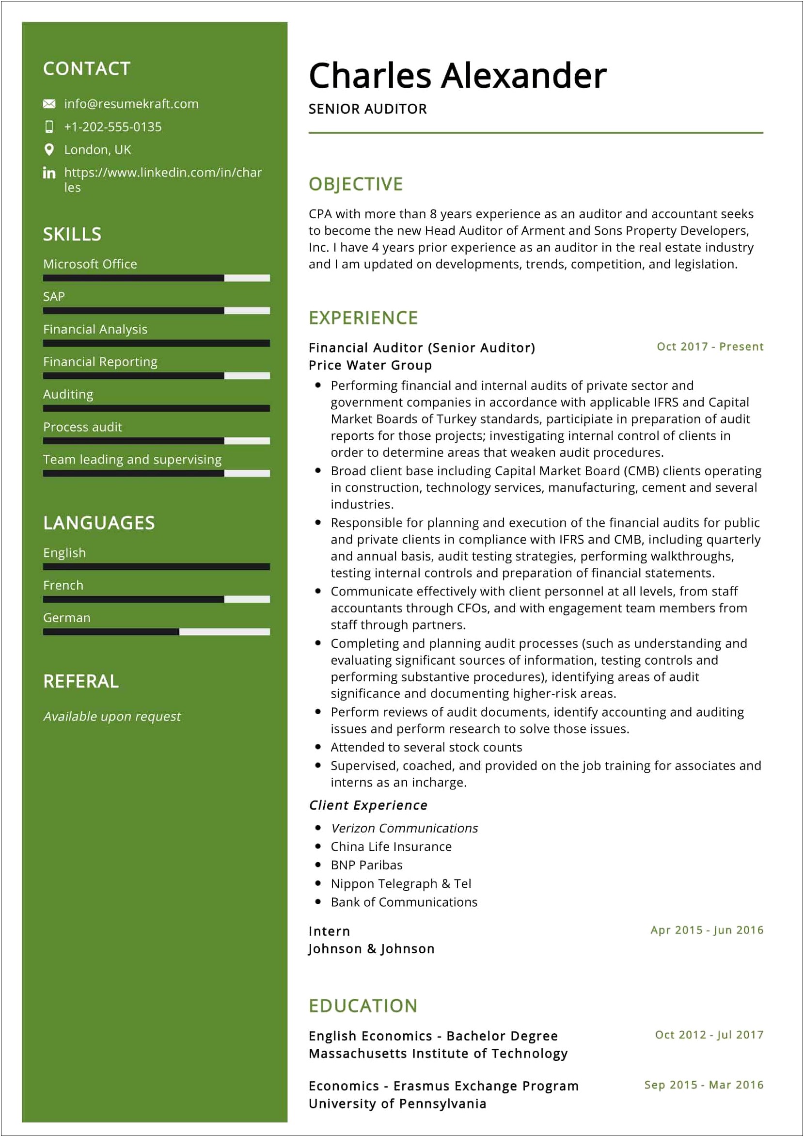 Internal Auditor Resume Objective Sample
