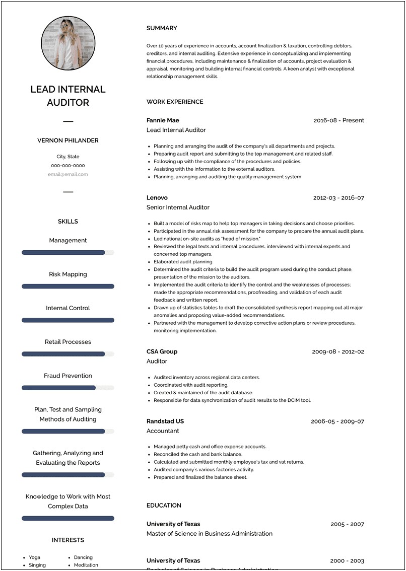 Internal Auditor Resume Profile Examples