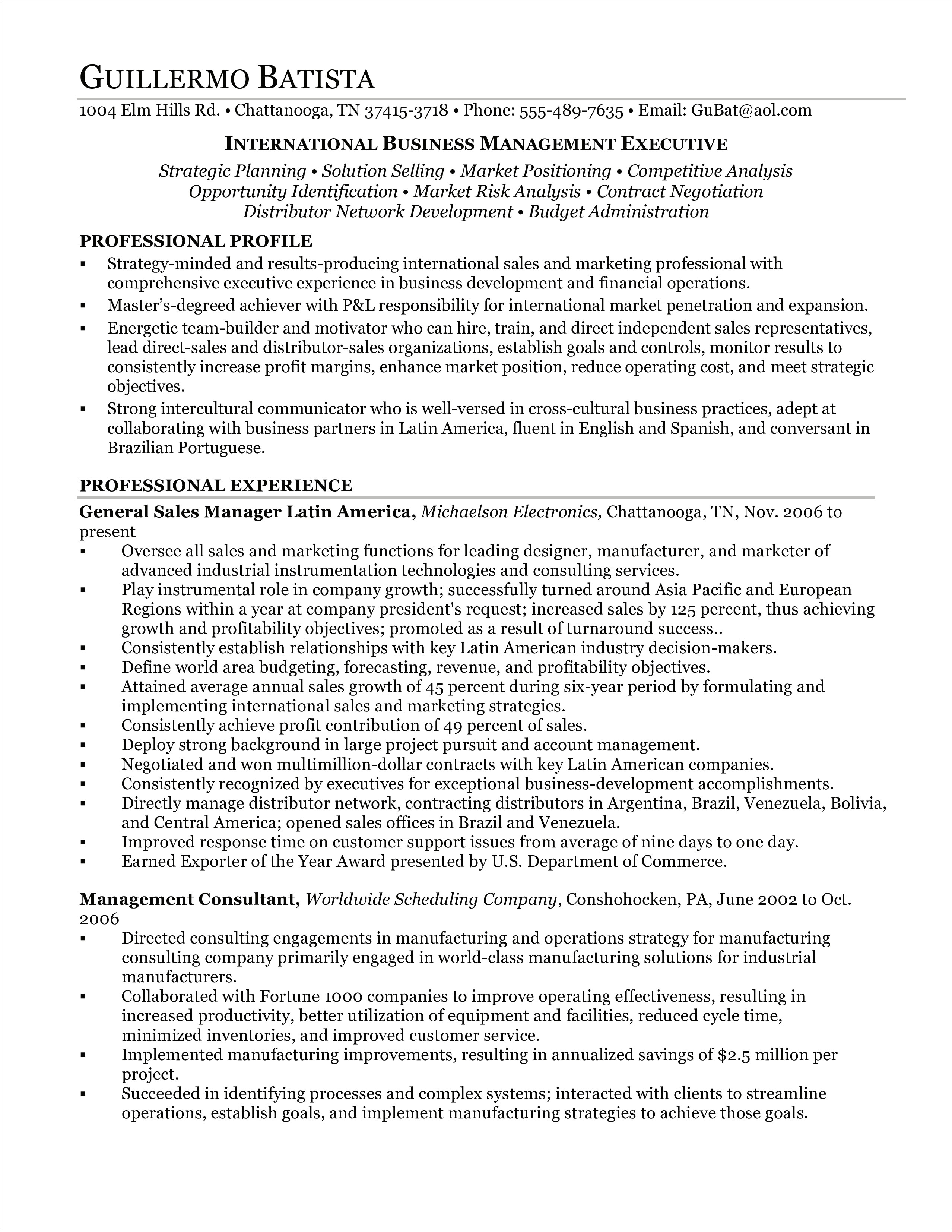 International Business Administration Resume Example