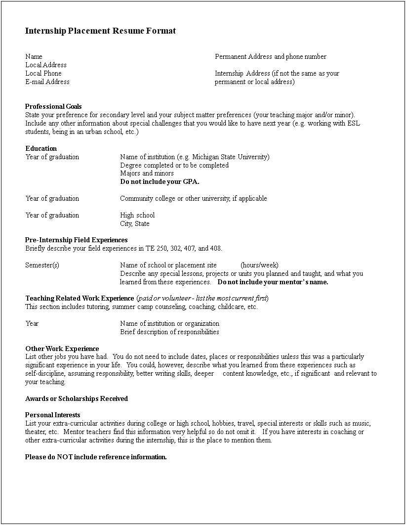 Internship Resume Template For College Students Download