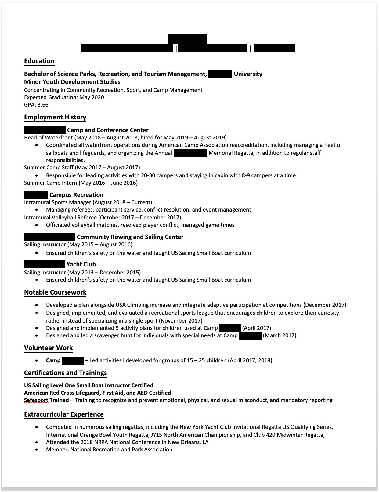 Intramural & Club Sport Manager Resume