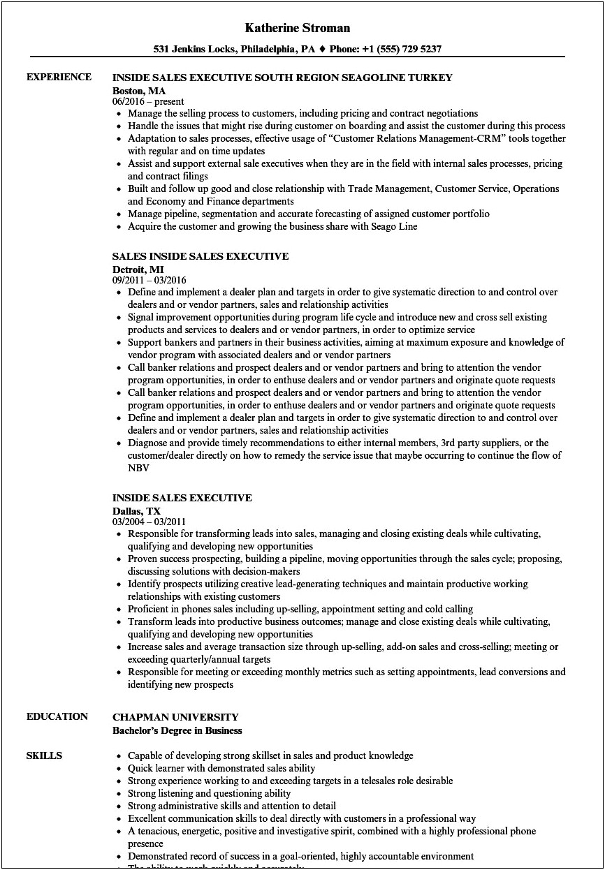 Introduction Examples For Resume For Inside Sales
