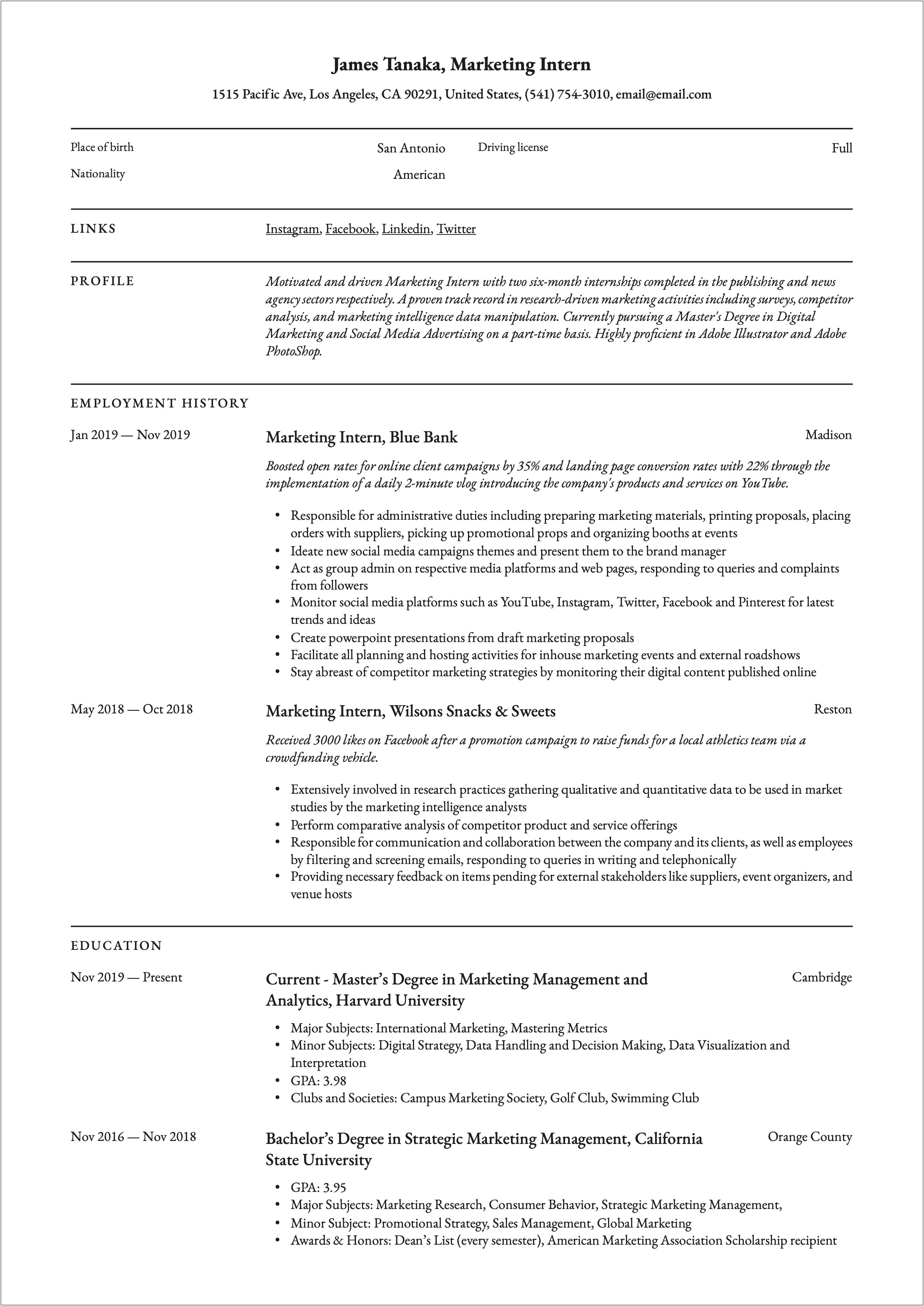 Introduction For Internship Resume Example