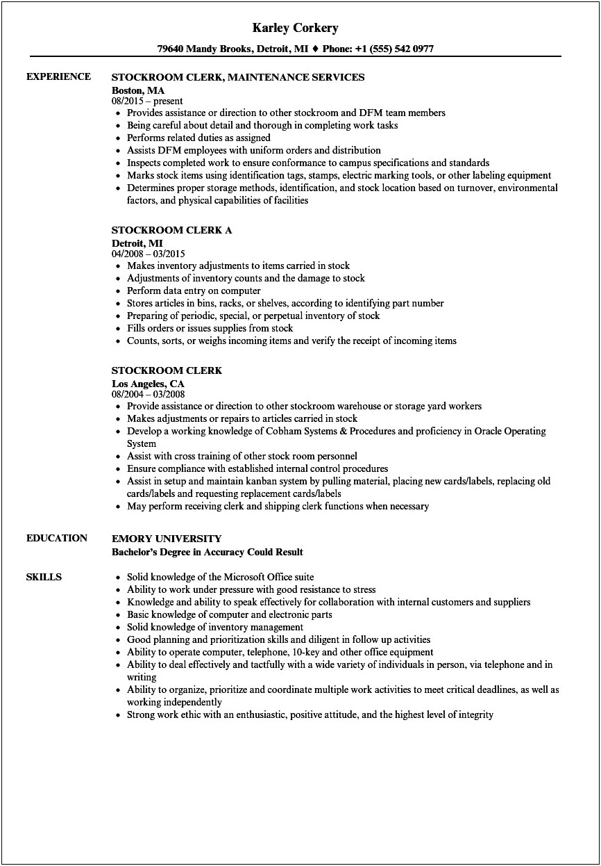 Inventory Clerk Job Description Resume