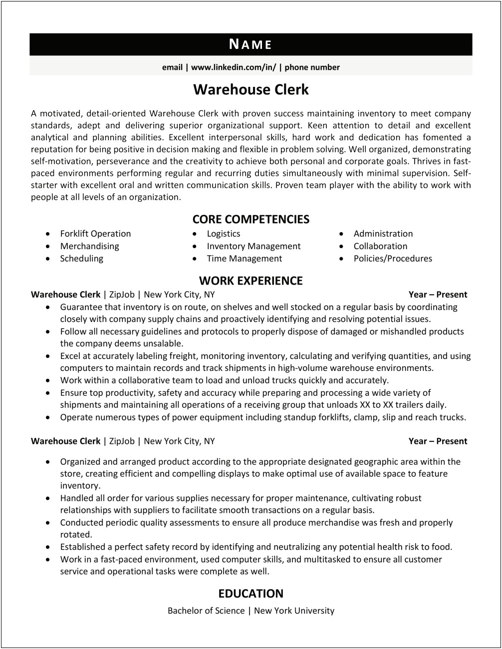 Inventory Clerk Job Resume Objective